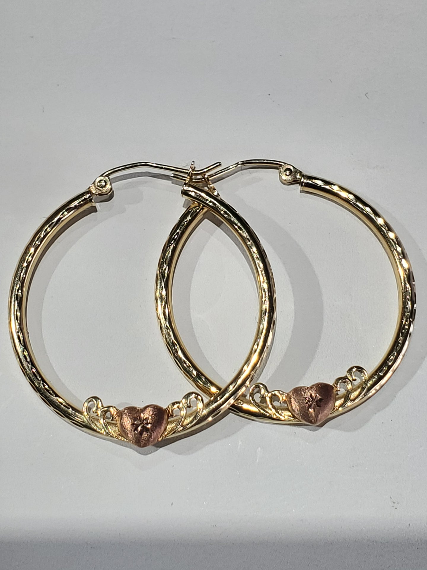 Diamond Cut Hoop Earrings with Rose Heart 14K Yellow Gold