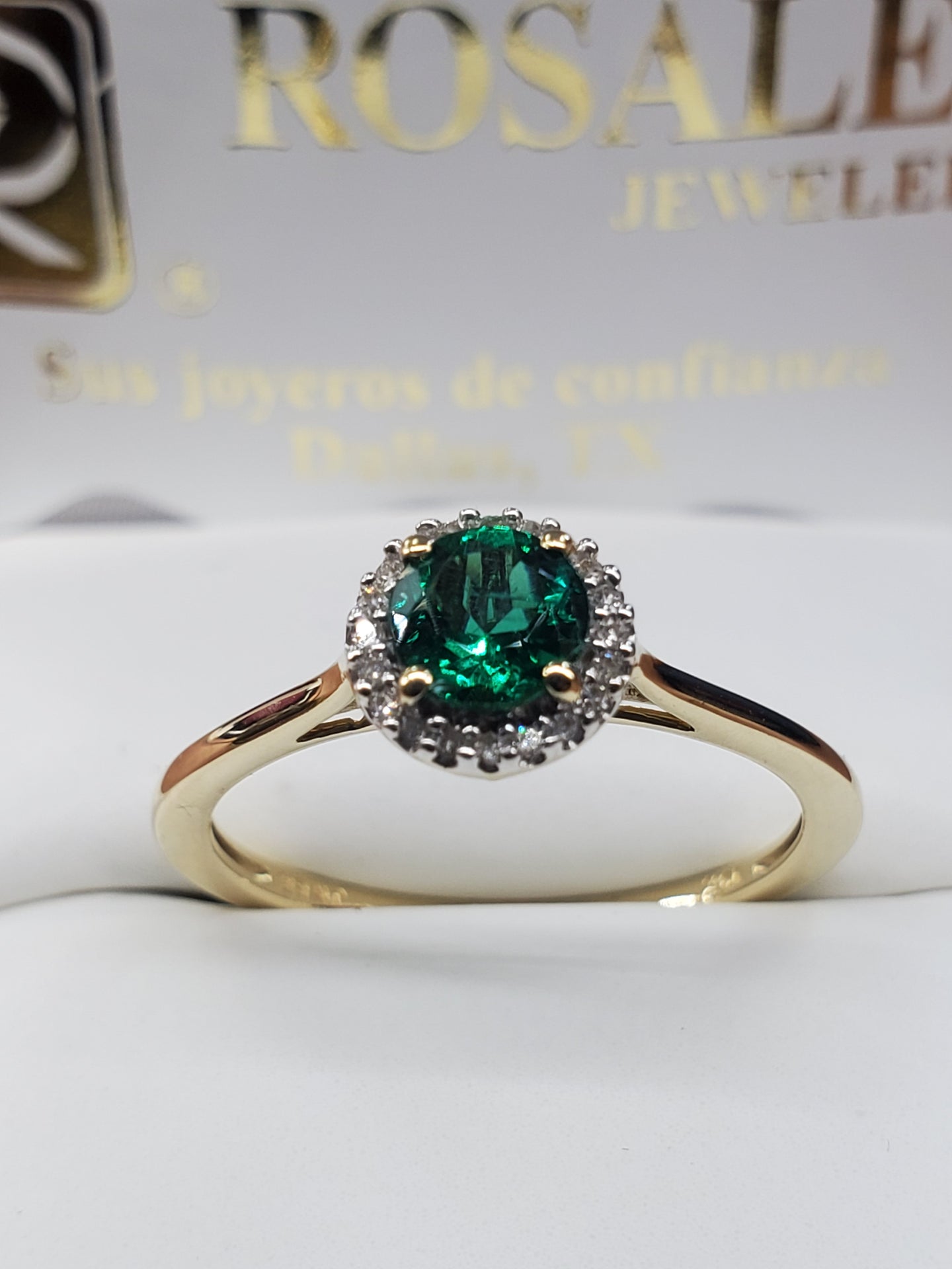 Affordable 10K Yellow Created Emerald .06ctw Diamonds Halo Ring