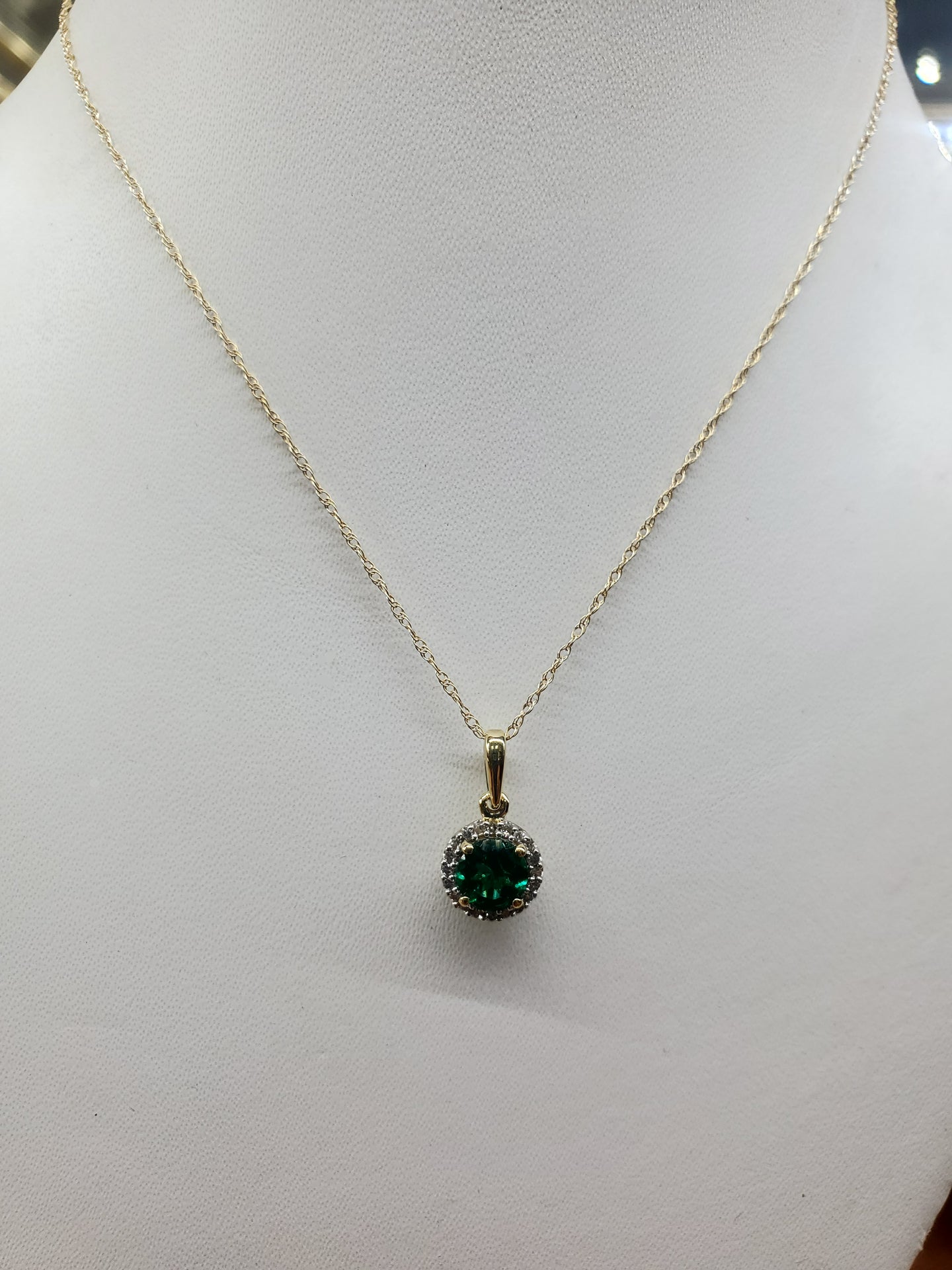 Emerald Diamond Halo Pendant with Chain
