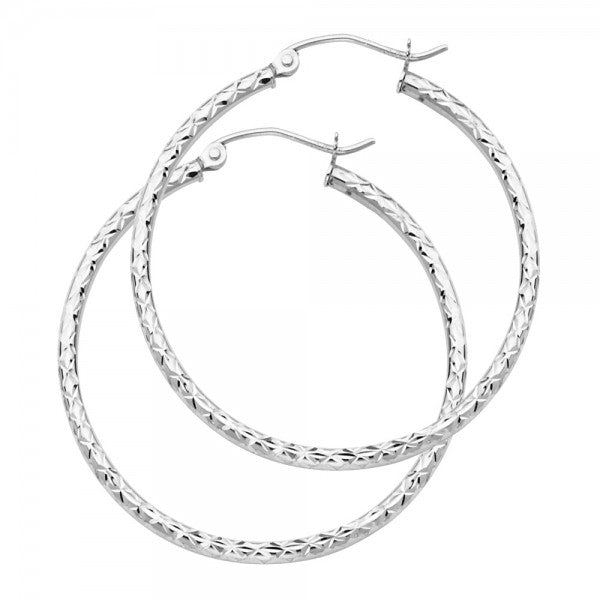 14K White Diamond Cut 1.5mm Wide Hoop Earrings