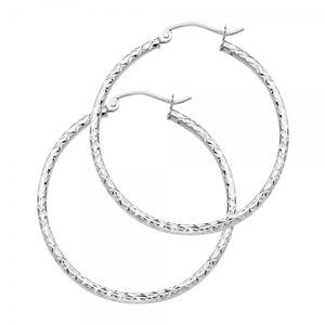 14K White Diamond Cut 1.5mm Wide Hoop Earrings