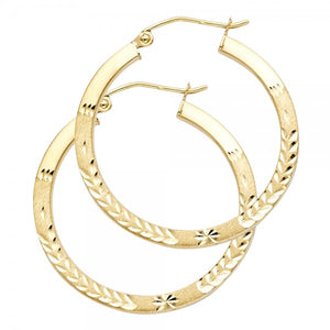 14K Yellow 1.5mm wide Hoop Earrings with Diamond Cut design and Satin with Y Post