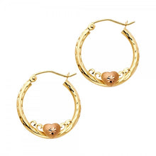 Load image into Gallery viewer, Diamond Cut Hoop Earrings with Rose Heart 14K Yellow Gold