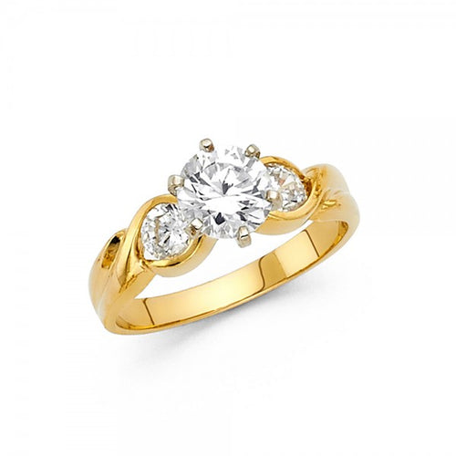 14KY 4MM CZ Round Center Stone with Two Accent Stones